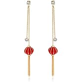 Red Lantern Dangle Drop Earrings for Women Sterling Silver Post Chinese Style Cubic Zirconia Statement Charm Long Tassel Earring Dangling Studs Fashion Elegant Crystal Jewelry Daughter