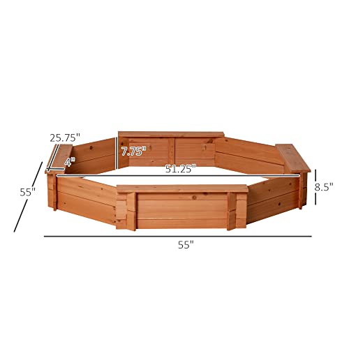 Outsunny Kids Sandbox with Cover, Octagon Wooden Sand Box with Seat, Outdoor Children Sand Pit for Backyard, Garden, Beach, 55" x 55" x 8.5", for Ages 3-8
