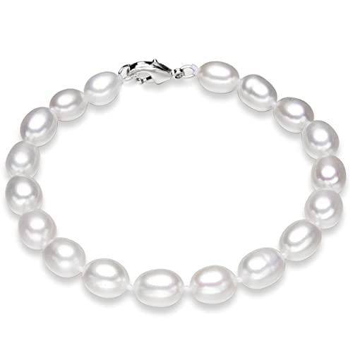Treasure Bay Womens Pearl Bracelet, Elegant 7-8mm Rice Shape Freshwater Pearl Bracelet for Women (WHITE)