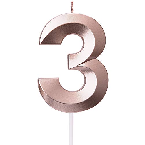 Birthday Candles Cake Number Candles - 2.76 INCHES Rose Gold Glitter Numeral Candles, Cake Topper Decorations for Birthdays, Weddings, Reunions, Theme Party, Candles Number (Birthday Candle 3)