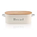 SveBake Bread Box for Kitchen Counter Vintage & Retro Metal Bread Bin with Bamboo Lid and Handle, Cream (Included a Free PDF Baking E-BOOK)