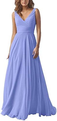 Yilis Double V Neck Elegant Long Bridesmaid Dress Chiffon Wedding Evening Dress