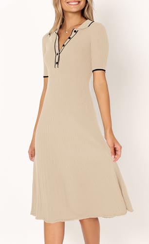 MITILLY WOMEN’S 2024 SUMMER SHORT SLEEVE SWEATER DRESS BUTTON V NECK RIBBED KNIT A LINE CASUAL MIDI DRESSES MEDIUM APRICOT
