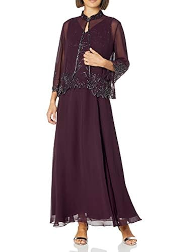 J Kara Women's Plus Size Beaded Long Jacket Dress, Burgundy, 20W