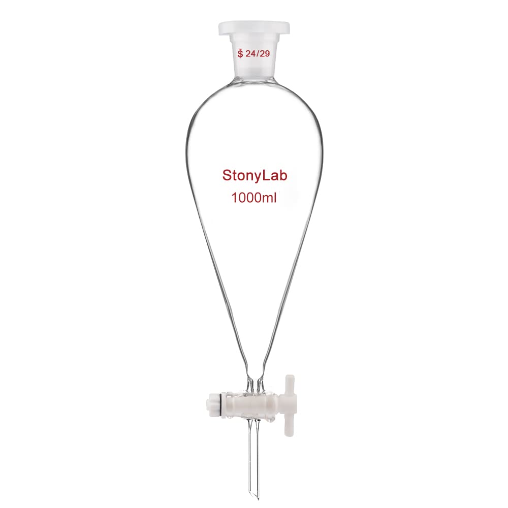 stonylab Borosilicate Glass 1000 ml Heavy Wall Conical Separatory Funnel with 24/29 Joints and PTFE Stopcock, 1000 ml