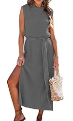 Asskdan Womens Elegant Solid A-Line Sleeveless Slit