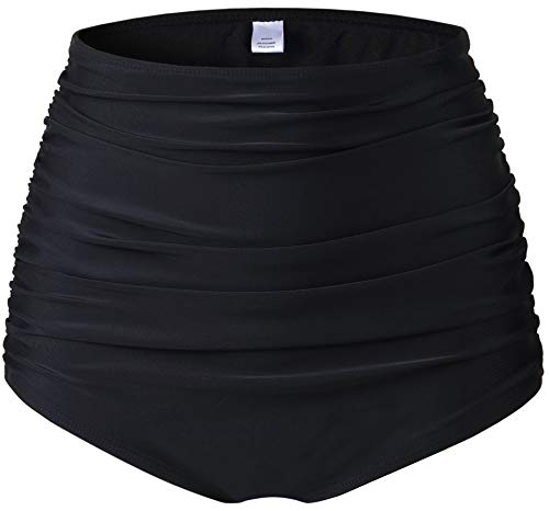 Womens High Waisted Bikini Bottom Shorts Ruched Tankini Shirred Swim Brief Tummy Control (Black B, XL) - Thumbnail 5