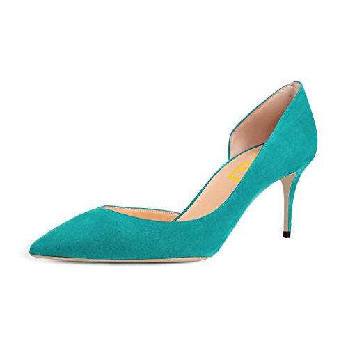 FSJ Women Basic Slip on D'Orsay Pumps Low Heels Pointed Toe Faux Suede Office Dress Shoes Size 8 Turquoise - Thumbnail 6