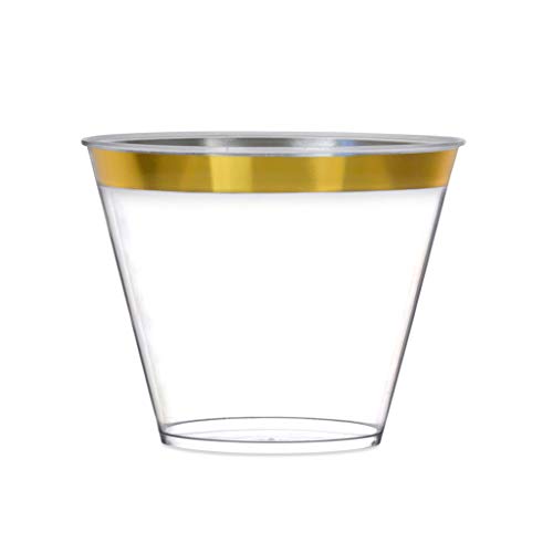 Plastic-Rim-Cups-9-oz-Gold-Old-Fash-Cups-100-Pcs
