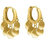 Julia Store 18K Gold Plated Stainless Steel Dainty Stainless Steel Tassel Dangle Drop Coins Huggy Sleeper Earrings for Women Gift for Her