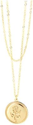 Feximzl 14K Gold Plated Rose Flower Coin Necklace for Women Dainty Handmade Fill Carved Pendant Chain Minimalist Jewelry Mothers Day Jewelry Gift
