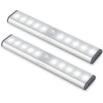 Wireless Motion Sensor Cabinet Lights 10-LED USB Rechargeable Closet Lights LED Under Cabinet Lighting for Wardrobe/Drawer/Stairs/Cupboard/Counter/Pantry/Stairs,Stick On Anywhere,2 Pack,White Light