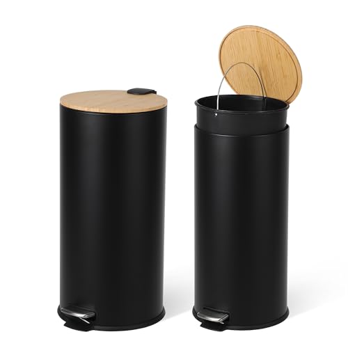 30L Stainless Steel Trash Can with Bamboo Lid, Pedal - Operated Garbage Bin with Removable Inner Bucket for Kitchen, Bathroom, Small Spaces