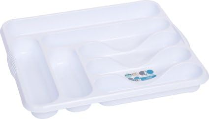 Casa Large Cutlery Tray Rack 7 Compartment Plastic Cutlery Draw Storage Stand Holder Caddy Organiser for Kitchen Drawers (White)