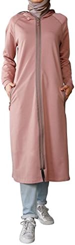 Lotus, zippered long tunic with hoody for Hijabi Women (12, Light Salmon)