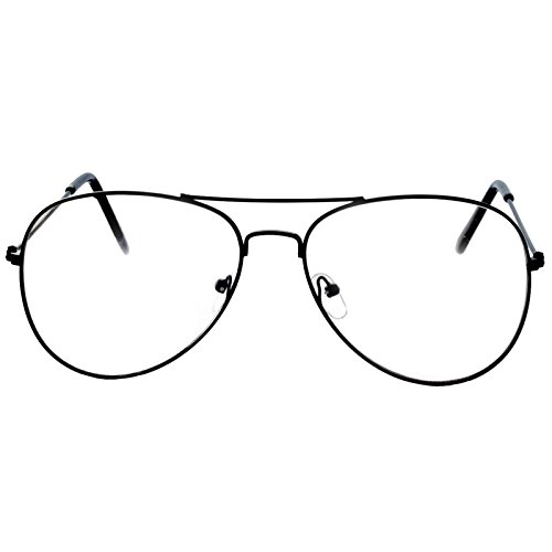 Aviator Clear Lens Black Metal Sunglasses Men's Women's Non-Prescription OWL