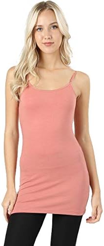 Women's Long Tank Camisole Top with Adjustable Spaghetti Straps and Built-in Self Bra, Sizes S, M, L, XL