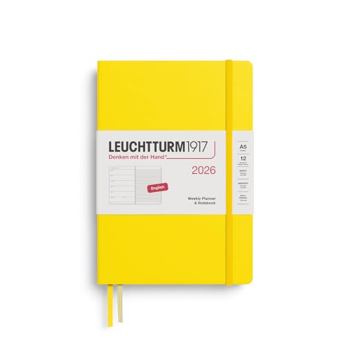 LEUCHTTURM1917 372655 Weekly Planner & Notebook Medium (A5) 2026 Hardcover, 12 Months, Lemon, English
