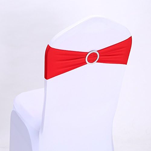 CosyVie 50pcs Spandex Saches Elastic Chair Cover Bands with Buckle Strass for Banquet Wedding Party Decorations (Red)