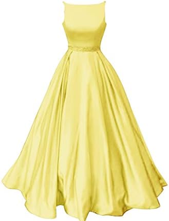 Prom Dresses Satin Long A-Line Formal Beaded Evening Gown with Pockets for Women