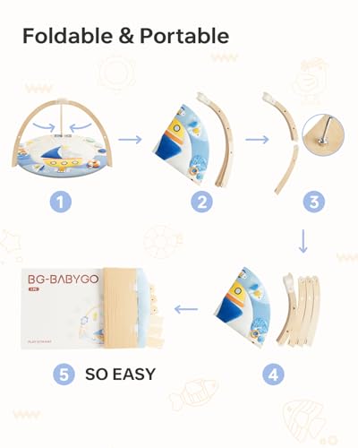 BG-BABYGO BABY PLAY GYM ACTIVITY MAT, 5 DEVELOPMENTAL ZONES WOODEN TUMMY TIME MAT WITH 7 DETACHABLE SENSORY TOYS FOR MOTOR SKILLS & SENSORY DEVELOPMENT, BABY ESSENTIALS SHOWER GIFT, EASY TO INSTALL
