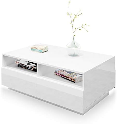 LUXSUITE Coffee Table, high Gloss Modern Side Table with Storage Inside and 4 Drawers, for Living Room - White