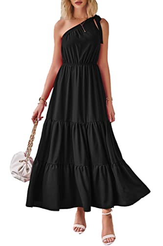 PRETTYGARDEN Women's One Shoulder Boho Maxi Dress, Solid Black,M at Amazon