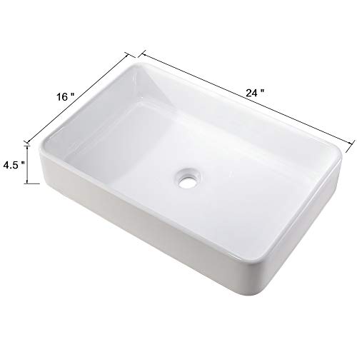 Bokaiya 24" Bathroom Vessel Sink and Faucet Combo Bathroom Rectangular White Ceramic Porcelain Counter Top Vanity Bowl Sink & Brushed Nickel Faucet and Pop-up Drain Combo - Thumbnail 5