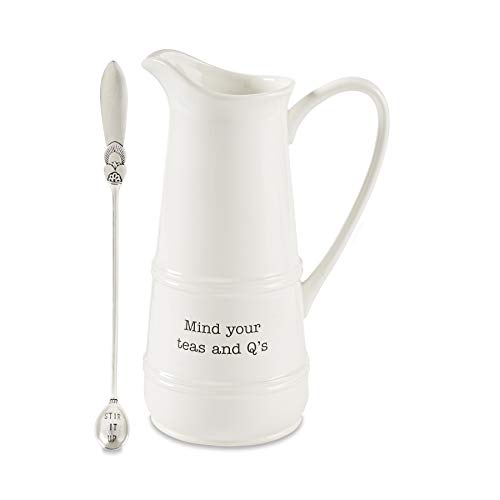 Mud Pie 45500014 Iced Tea Pitcher and Spoon Set, One size, White