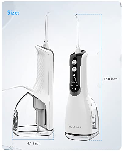 MonaSmile 350ML Cordless Water Flosser Pick, 5 Modes, 4 Nozzles, IPX7 Waterproof, Battery Indicator, Portable Oral Irrigator for Teeth Deep Cleaning, Home Travel Use (White)