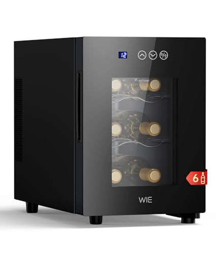 WIE Vinoteca Pequeña 6 Botellas - Mini Frigorífico con Puerta de Cristal 4–16°C, Enfriador de Vino con LED, Panel Táctil, 3 Niveles, <42 dB, para Casa, Bar, Dormitorio