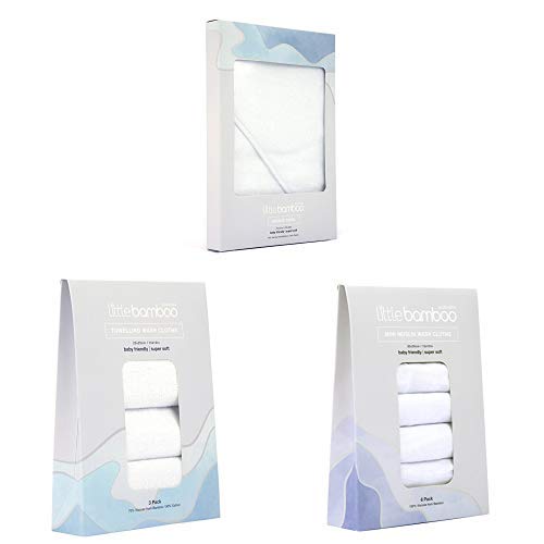 Little Bamboo Bathtime Bundle, Hooded Towel with 3pack Towelling Washers and 6pack Muslin Baby Wash Cloths.