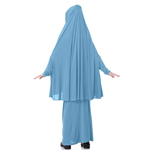 5-9T Muslim Kids Girls Batwing Sleeve Dresses Tops Solid Traditional Abaya Tunic Long Dress 2pcs Outfits Set (Sky blue, 9T / XL) - Thumbnail 5