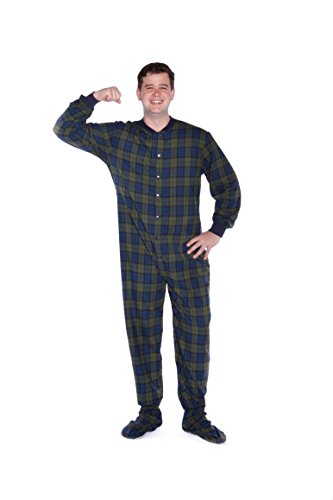 Navy/green Plaid (Black Watch) Flannel Adult Footed Pajamas No Drop Seat (L)