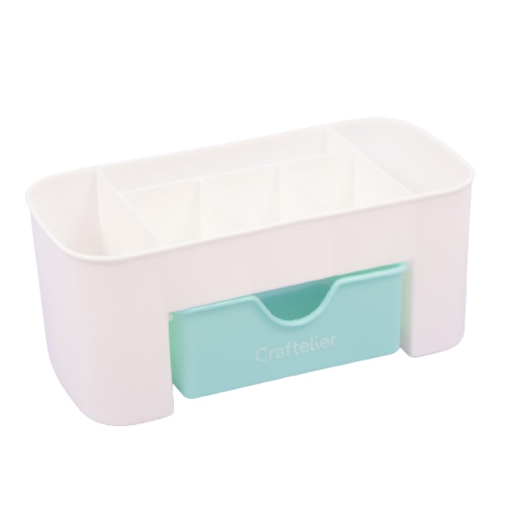 Craftelier - Desk Organizer with 5 Compartments and Drawer | Turquoise and White - 20 x 10 x 9 cm