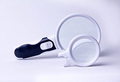 Handheld Magnifying Glass &amp; Loupe for Reading, Hobbies &amp; Detailed Work. 2.5x/10x Lenses. Features Easily Interchangeable Lenses &amp; Bright LED Lights. Large Soft-Grip Handle plus Bonus Storage Pouch