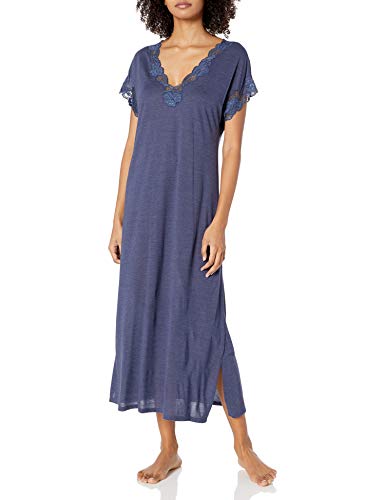 Natori Women's Zen Floral Short Sleeve Nightgown, Heather Night Blue, Medium