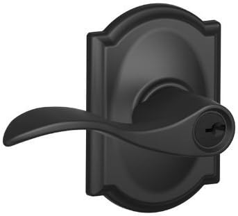 Schlage F51ACC622CAM Matte Black Camelot Keyed Entry Accent Door Leverset with the Decorative Camelot Rose F51-ACC-CAM