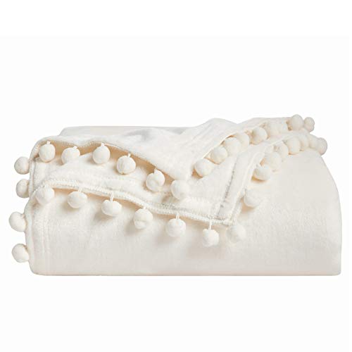 Bedsure Fleece Throw Blanket Pom Pom Blankets Cream Throw Blanket for