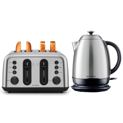 BUYDEEM DT440 4-Slice Toaster Retro Silver with K640N Electric Kettle 1.7L Retro Silver