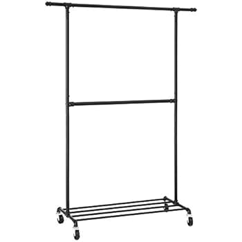 SONGMICS Industrial Style Clothes Garment Rack on Wheels, Double Hanging Rod Metal Clothing Rack, Heavy Duty Commercial Display, Black UHSR62BK