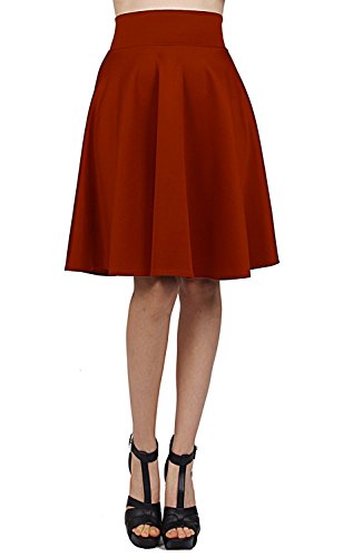 Styleyet Women's Solid High Waist Flare A-Line Knee Length Knit Skirt (Large, Rust)