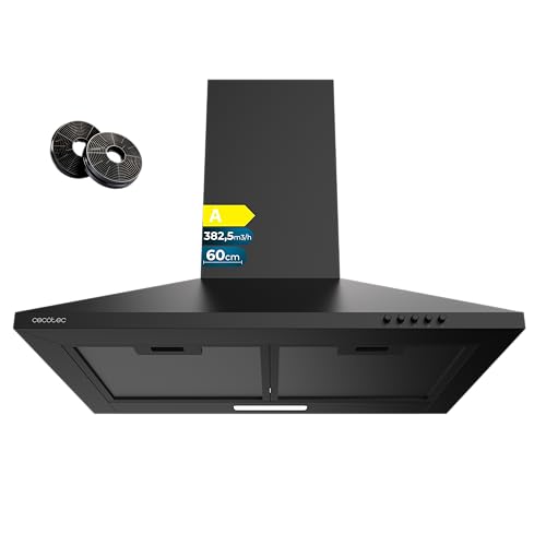 Cecotec Campana Extractora Piramidal 60 cm Bolero Flux PM 604000 Black A. Acabado Pintado Negro, Succión 382,5 m³/h, 3 Velocidades, Filtros de Carbono Incluidos, Clase A, Motor BLDC y Luz LED