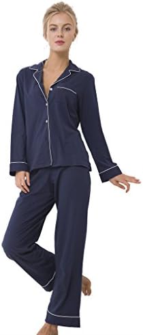 JUSOE Women's Cotton Pajama Set Sleepwear Pajamas Night Shirt with PJ Pants, Navy Blue, Medium, 8-10