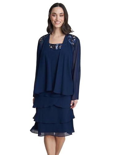 Gina Bacconi Embellished Tiered Sequin Jacket Dress, Spring Navy, 12