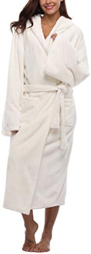 Women's Hoodie Robe Long Hooded Plush Bathrobe Soft Fleece Robe Velvet Sleepwear Warm Nightgown