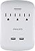 Philips 3-Outlet Extender with 2-USB Port Surge Protector, Charging Station, 900 Joules, Grounded Power Adapter, Indicator Light, 3-Prong, 2.4 AMP/12 Watt, ETL Listed, White, SPP6233WB/37