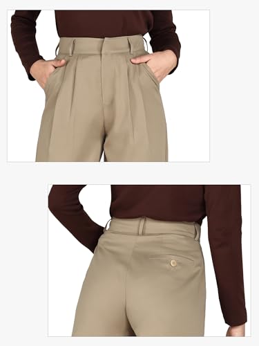 BAMANS KHAKI PANTS FOR WOMEN STRAIGHT LEG HIGH WAISTED TROUSERS CASUAL OFFICE WIDE LEG LADIES SLACKS WITH POCKETS
