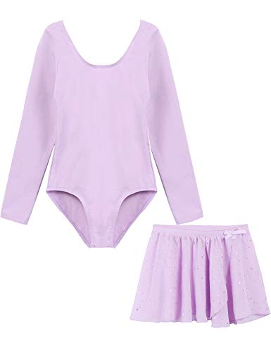 Zaclotre Girls 2PCS Long Sleeve Skirted Leotards with Glitter Tutu Skirt Dance Dress Purple