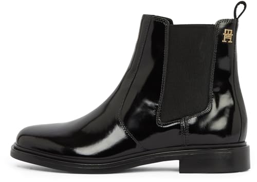 Tommy Hilfiger Damen Chelsea Boots Abrasivato Leather Glänzend, Schwarz (Black), 36